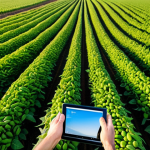**Image Prompt:** A modern agricultural consultant standing in a vibrant green soybean field, using a tablet to analyze data, with a drone hovering overhead capturing aerial imagery. Focus on conveying expertise and technological integration.