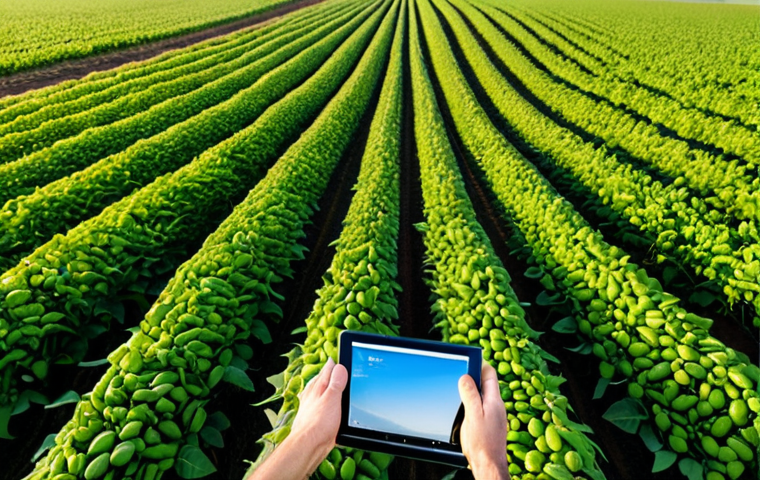 **Image Prompt:** A modern agricultural consultant standing in a vibrant green soybean field, using a tablet to analyze data, with a drone hovering overhead capturing aerial imagery. Focus on conveying expertise and technological integration.