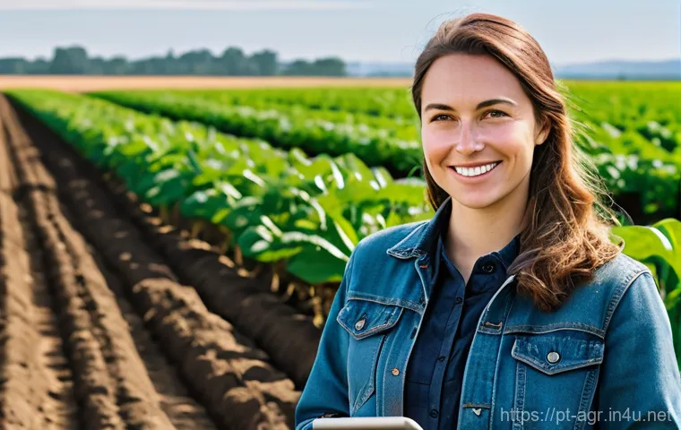 농업기술 취업 희망자 가이드 - **Prompt:** A young, determined female agricultural data scientist, in her late 20s, stands in a lus...