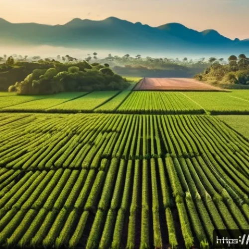 Home 33 농업기술 분야 이직 성공 전략 - A modern Brazilian farm landscape at sunrise, featuring a farmer wearing practical work clothes and ...
