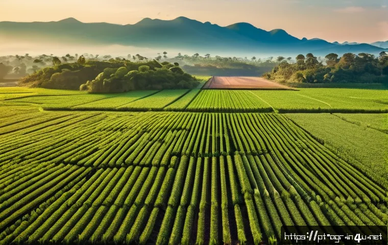 농업기술 분야 이직 성공 전략 - A modern Brazilian farm landscape at sunrise, featuring a farmer wearing practical work clothes and ...