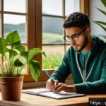 Home 19 농업기술 자격증 대비 모의고사 활용법 - A focused young adult studying agricultural certification materials at a wooden desk in a bright, mo...