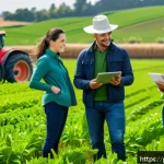 Home 23 농업기술 직무에서 필요한 소프트 스킬 - A diverse agricultural team collaborating in a modern digital farm setting, featuring agronomists, I...