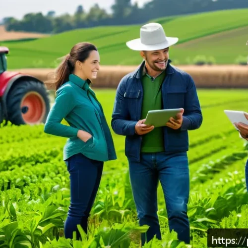 Home 17 농업기술 직무에서 필요한 소프트 스킬 - A diverse agricultural team collaborating in a modern digital farm setting, featuring agronomists, I...