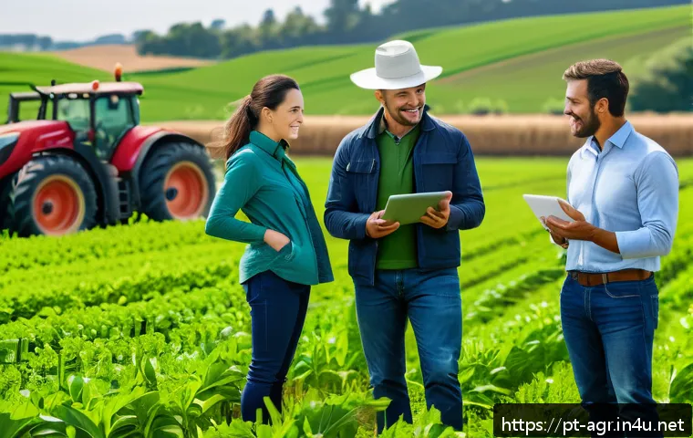 농업기술 직무에서 필요한 소프트 스킬 - A diverse agricultural team collaborating in a modern digital farm setting, featuring agronomists, I...